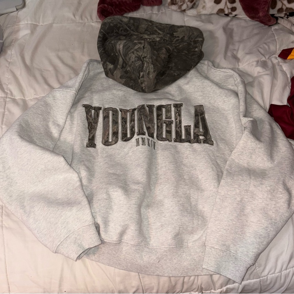 YoungLA Light Gray Sweatshirt with Camouflage Hood